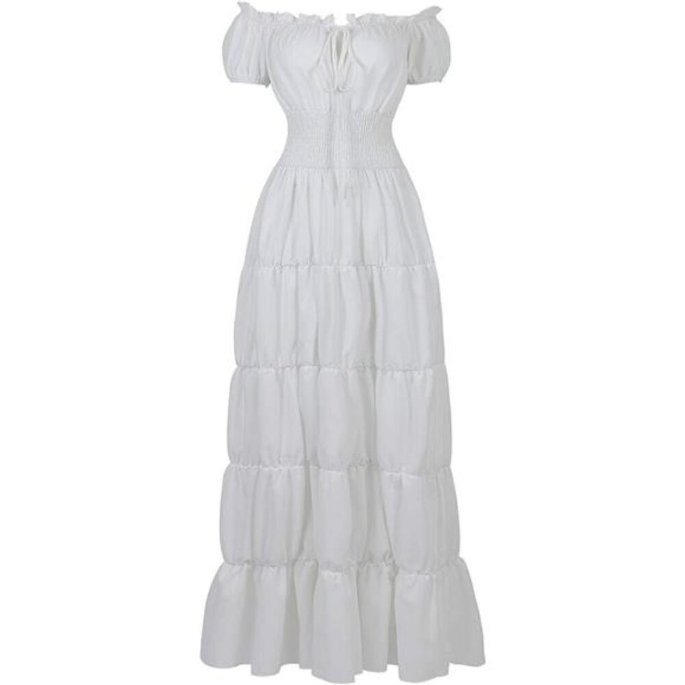 White Off Shoulder Long Dress Renaissance Medieval Pirate Halloween Cosplay